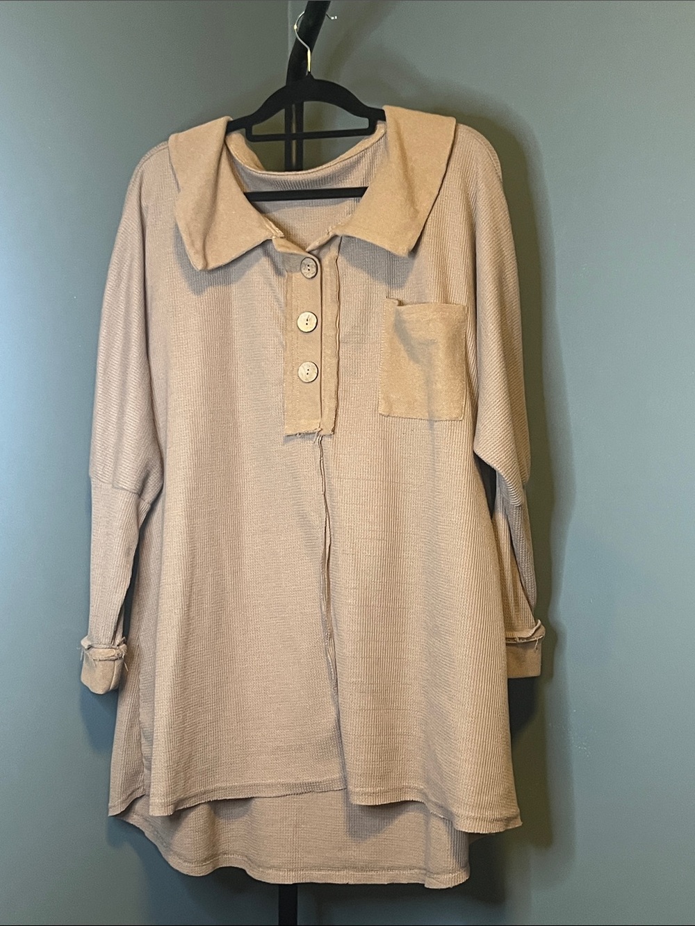 Women's tan Button-Front Tunic with Pocket